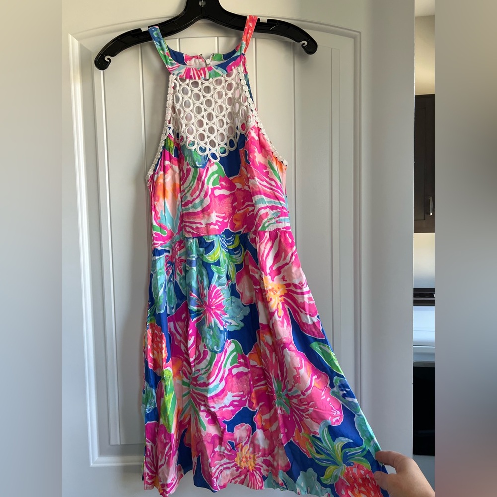 Lilly Pulitzer Multi-Color Floral Halter Dress with White Crochet Yoke